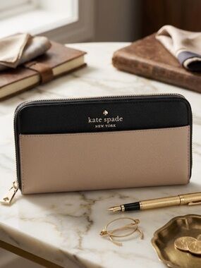 Kate Spade ♠️ New York Staci Continental Zip Wallet in Black & Beige dustbag NWT